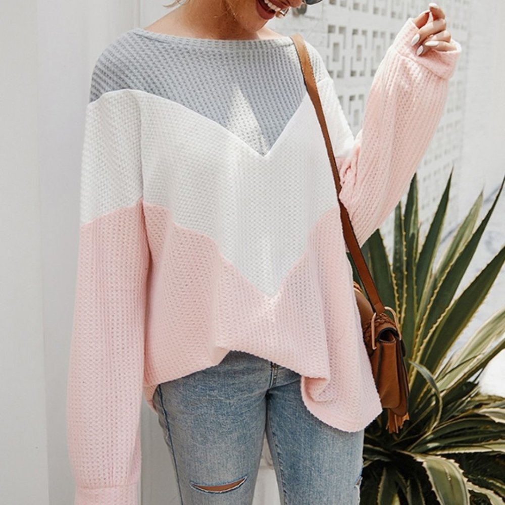 Color Block Pullover Causal Tops